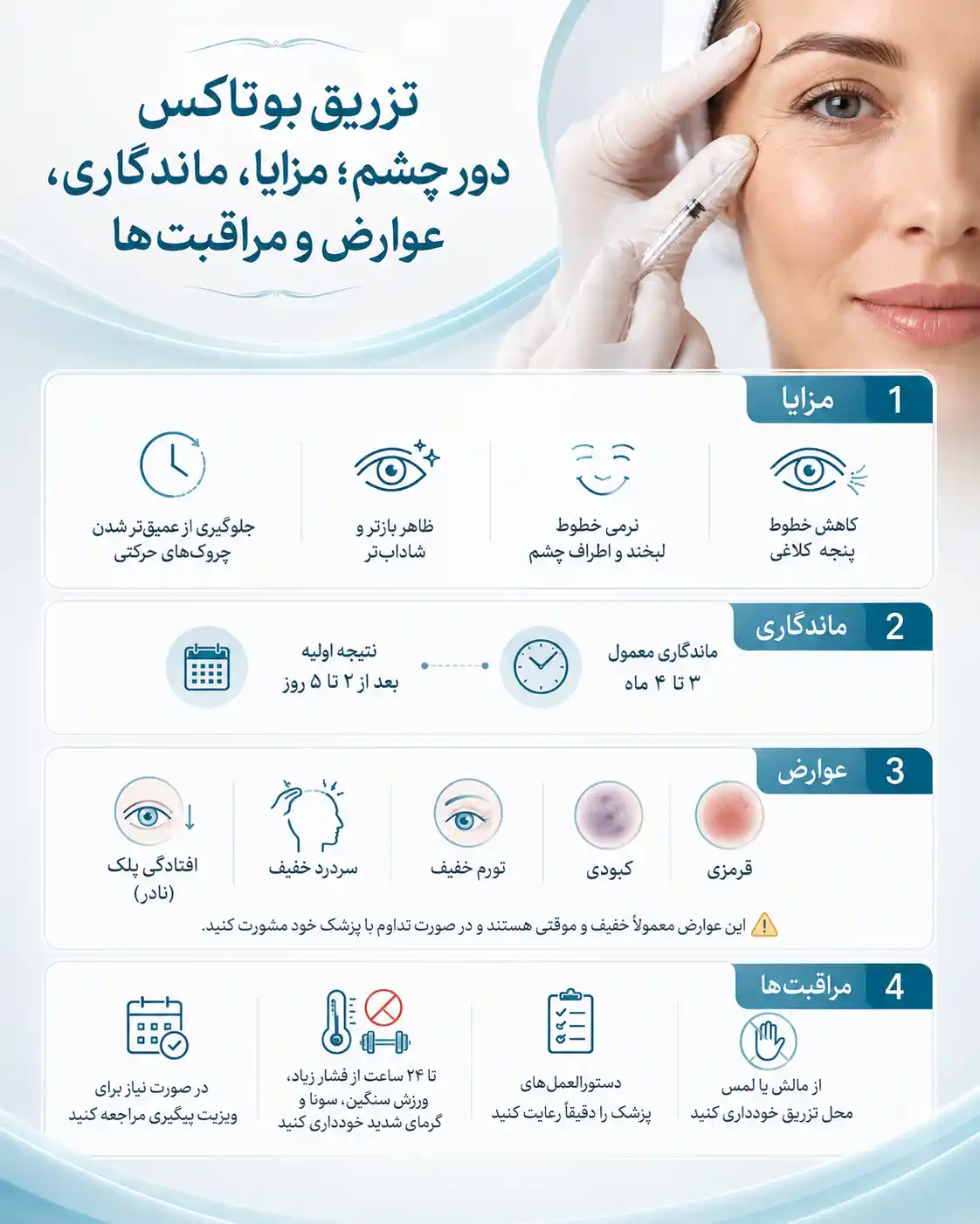 تزریق بوتاکس دور چشم؛ مزایا، ماندگاری، عوارض و مراقبت‌ها